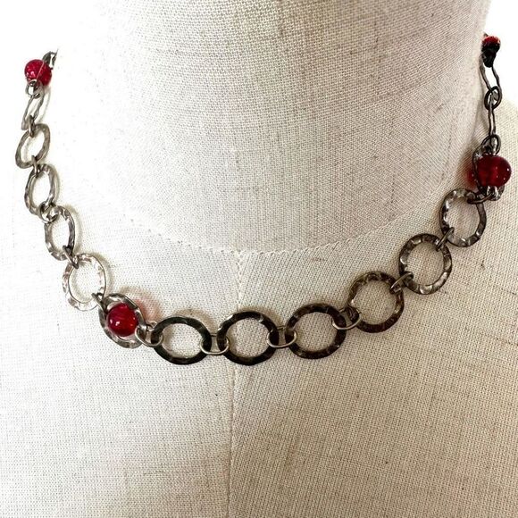 Silver tone and red  circle choker  necklace - Picture 1 of 8